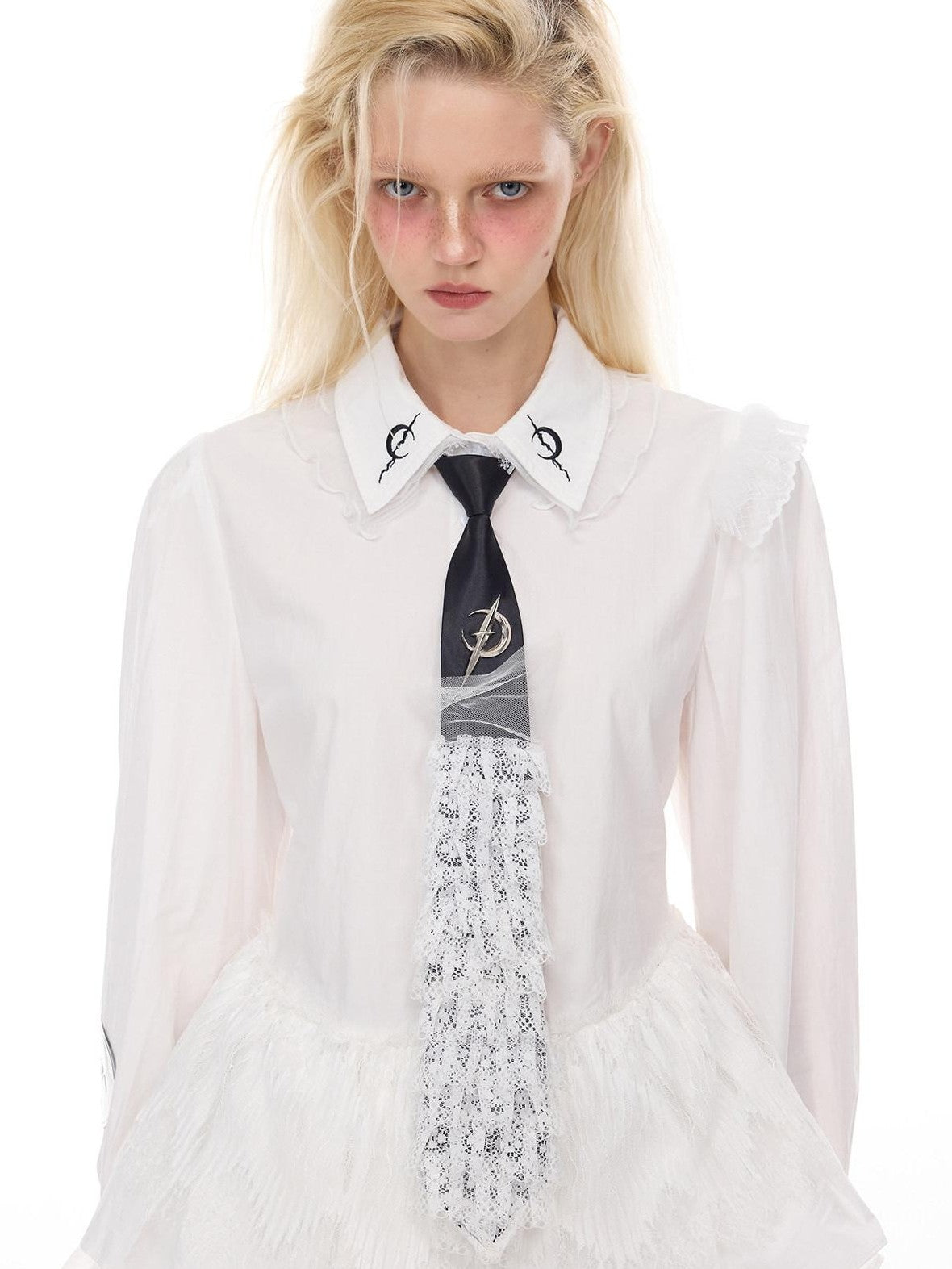 PINKSPINK White Lace Ruffle Polo Collar Button Long Sleeve Women's Sun Protection Shirts