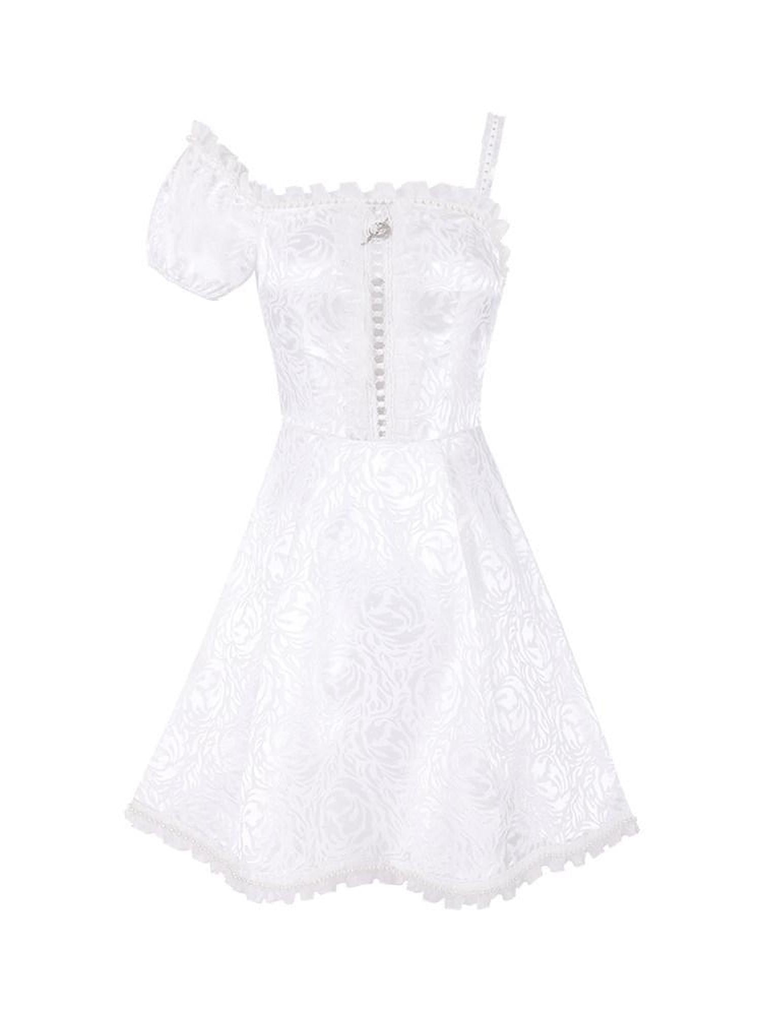 PINKSPINK White Pearl Lace Floral Asymmetrical Aline Women's Off-shoulder Mini Dresses