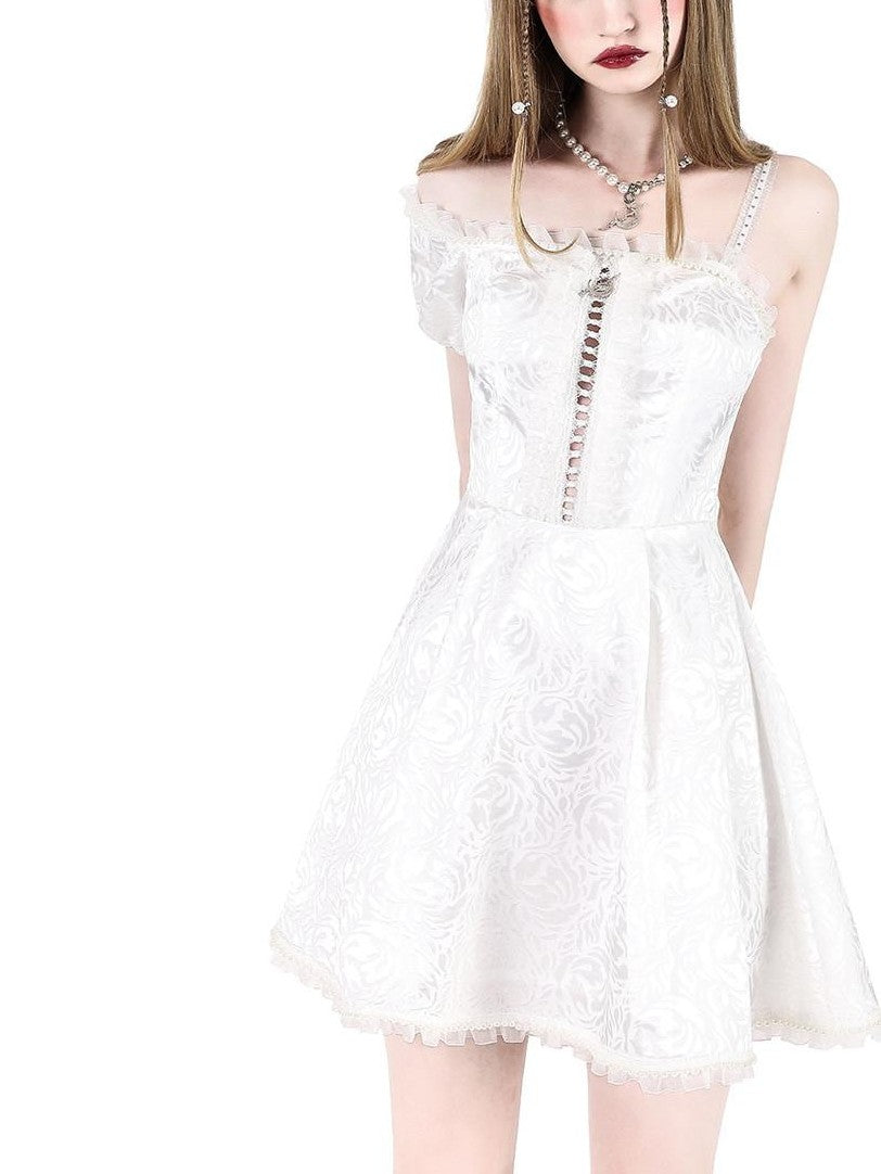 PINKSPINK White Pearl Lace Floral Asymmetrical Aline Women's Off-shoulder Mini Dresses