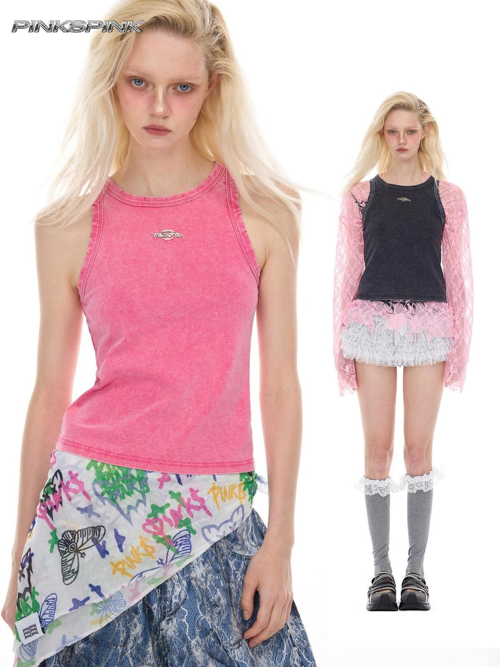 PINKSPINK Y2k Metal Logo Text Slim Fit Cropped Washed Women's Mesh Tank Tops