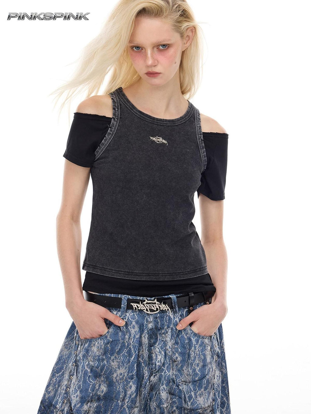 PINKSPINK Y2k Metal Logo Text Slim Fit Cropped Washed Women's Mesh Tank Tops