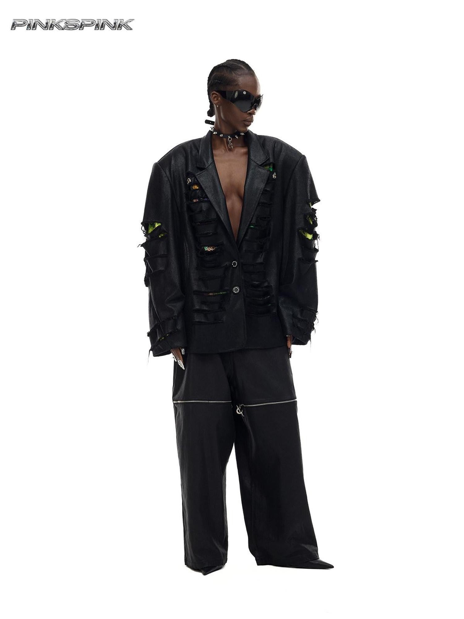 PINKSPINK Y2k Metallic Coated Low Waist Zipper Loose Women's Denim Straight-leg Pants