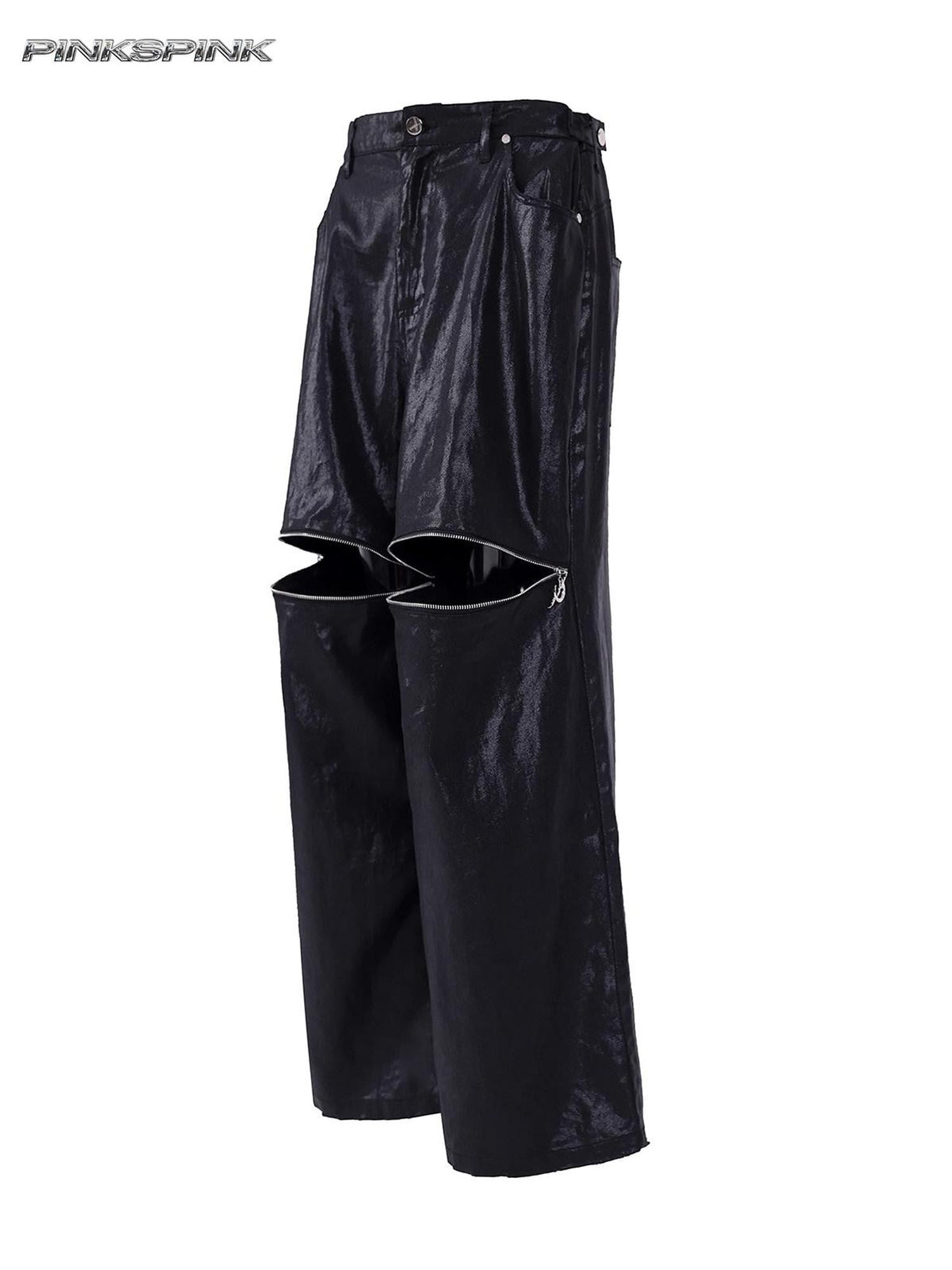 PINKSPINK Y2k Metallic Coated Low Waist Zipper Loose Women's Denim Straight-leg Pants