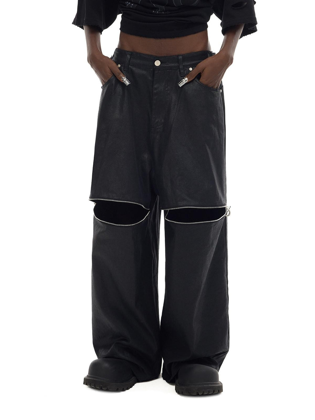 PINKSPINK Y2k Metallic Coated Low Waist Zipper Loose Women's Denim Straight-leg Pants