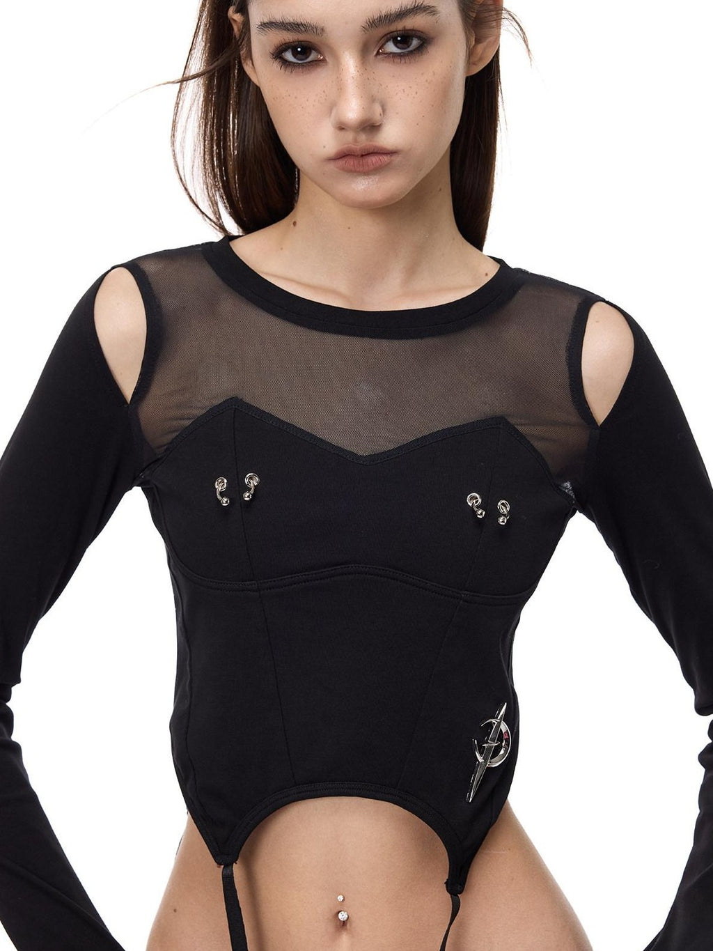 PINKSPINK Y2k Punk Patchwork Beaded Mesh Letter Women's Mesh Long Sleeve T-shirts