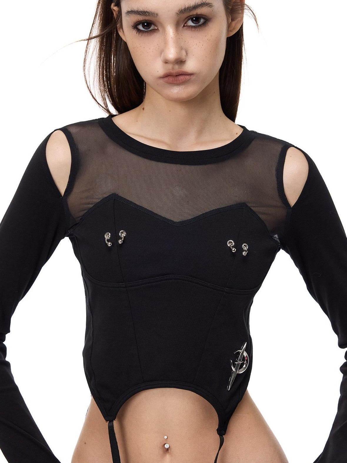 PINKSPINK Y2k Punk Patchwork Beaded Mesh Letter Women's Mesh Long Sleeve T-shirts