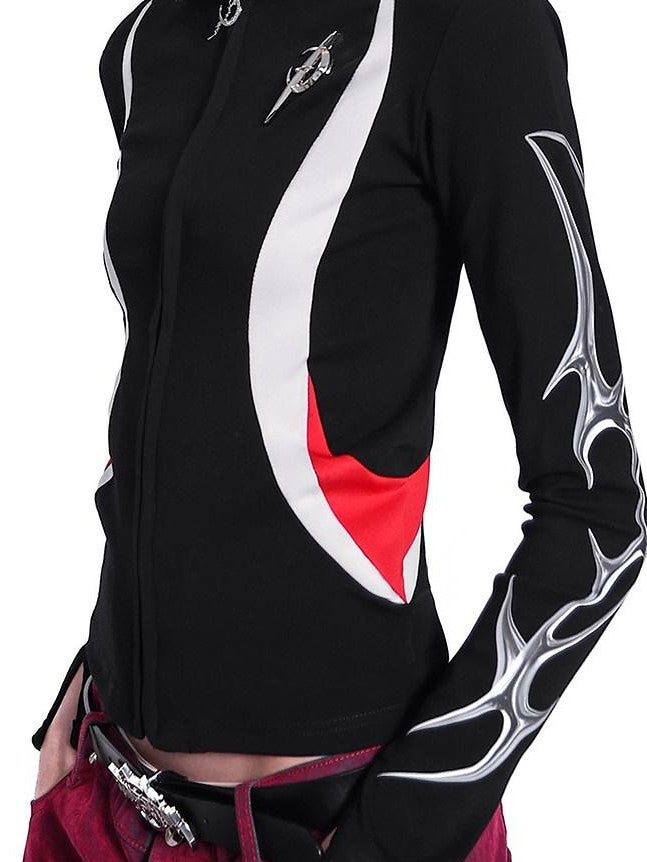 PINKSPINK Y3k Racing Stripe Spliced Zip Polo Collar Women's Cotton Stretch Cardigans