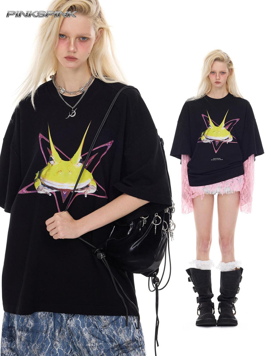 PINKSPINK Y3k Rock Horned Frog Print Structured Women's Oversized T-shirts