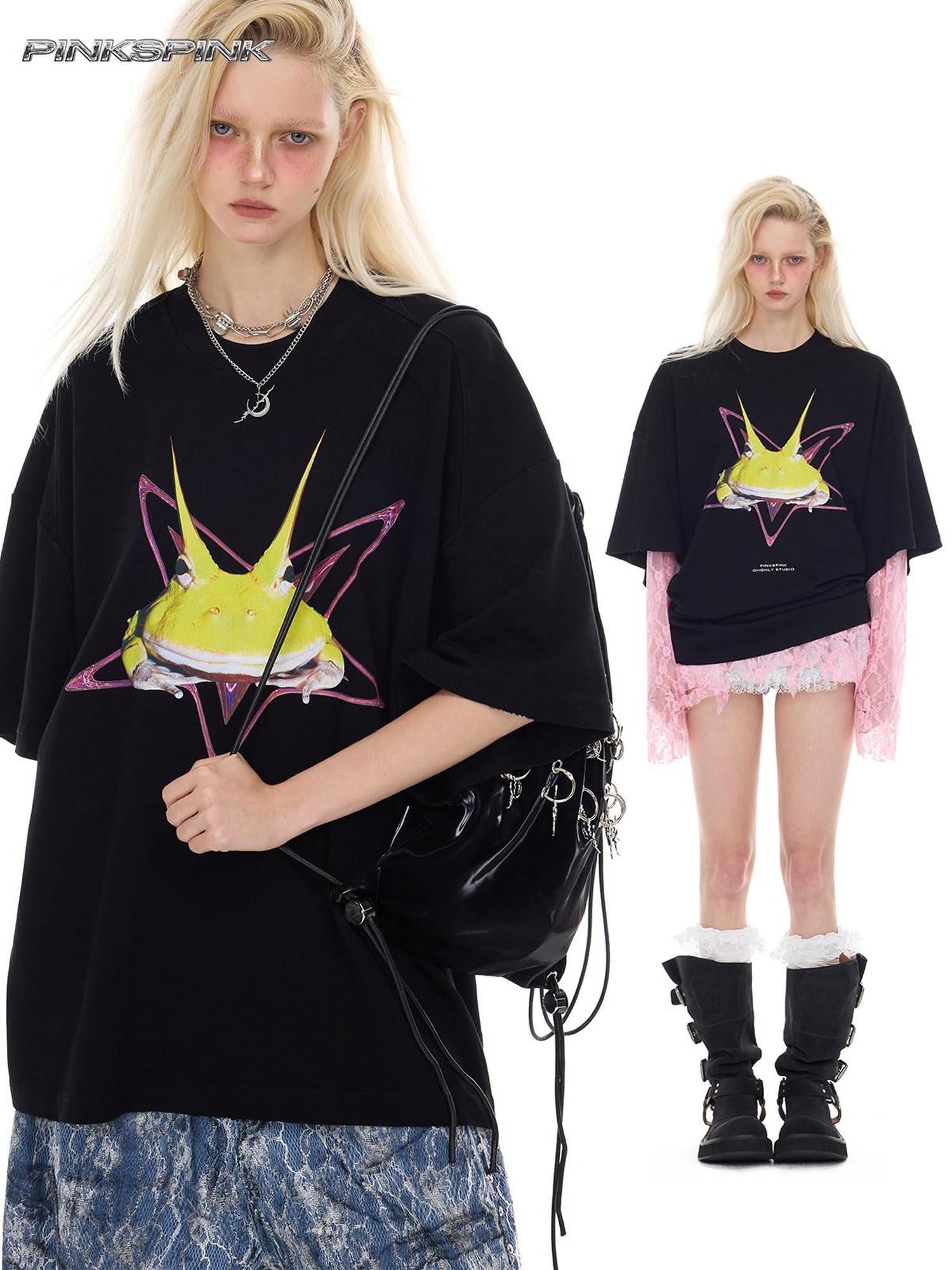 PINKSPINK Y3k Rock Horned Frog Print Structured Women's Oversized T-shirts