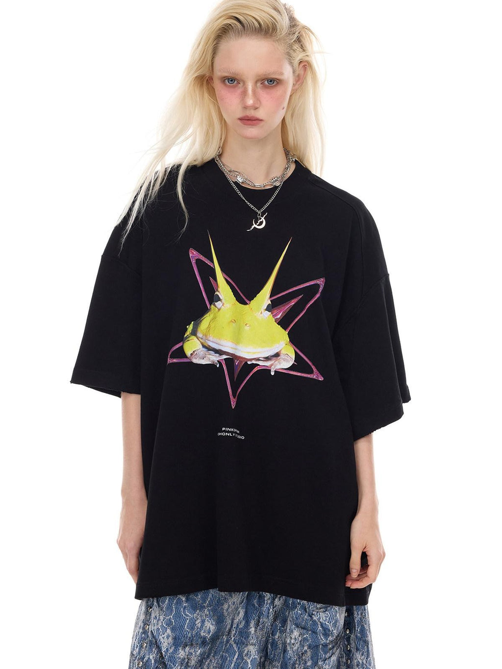 PINKSPINK Y3k Rock Horned Frog Print Structured Women's Oversized T-shirts