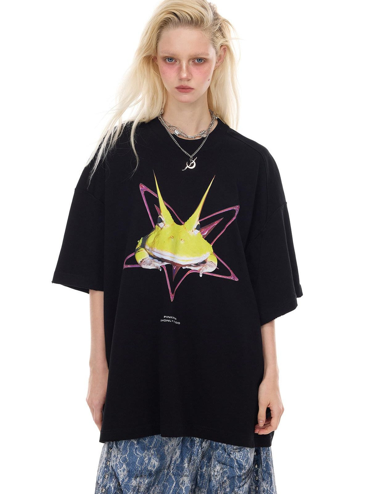 PINKSPINK Y3k Rock Horned Frog Print Structured Women's Oversized T-shirts