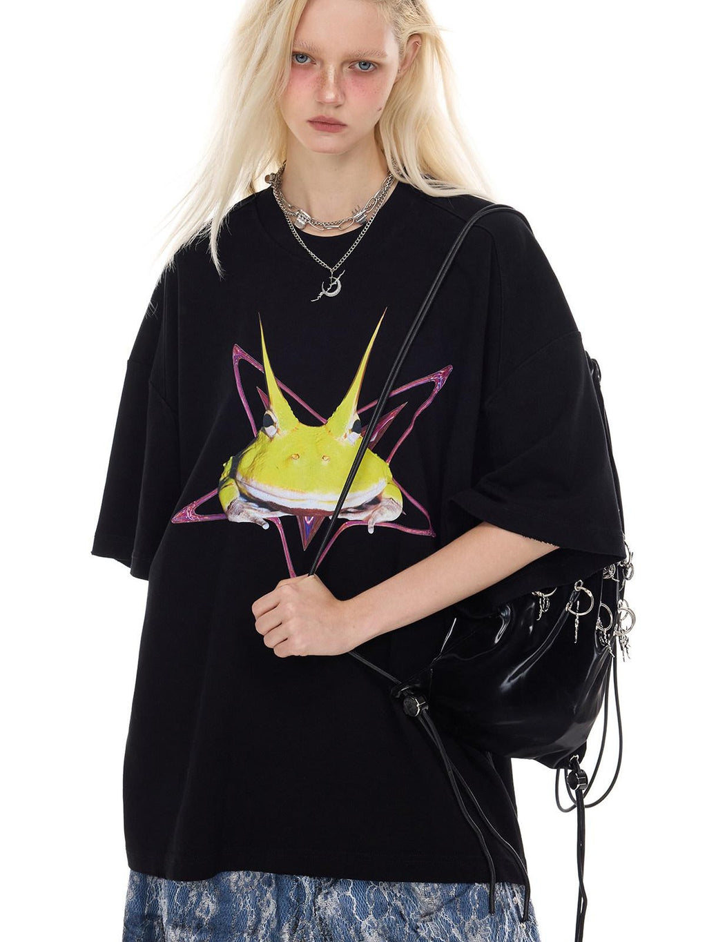 PINKSPINK Y3k Rock Horned Frog Print Structured Women's Oversized T-shirts