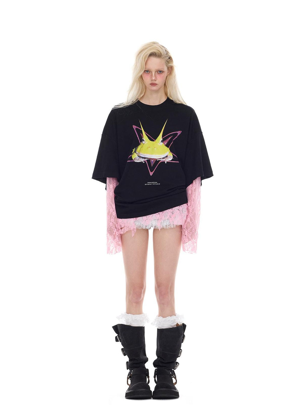 PINKSPINK Y3k Rock Horned Frog Print Structured Women's Oversized T-shirts