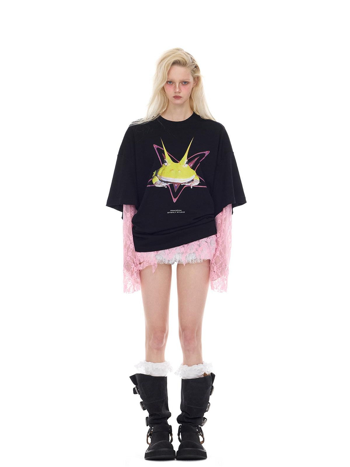 PINKSPINK Y3k Rock Horned Frog Print Structured Women's Oversized T-shirts