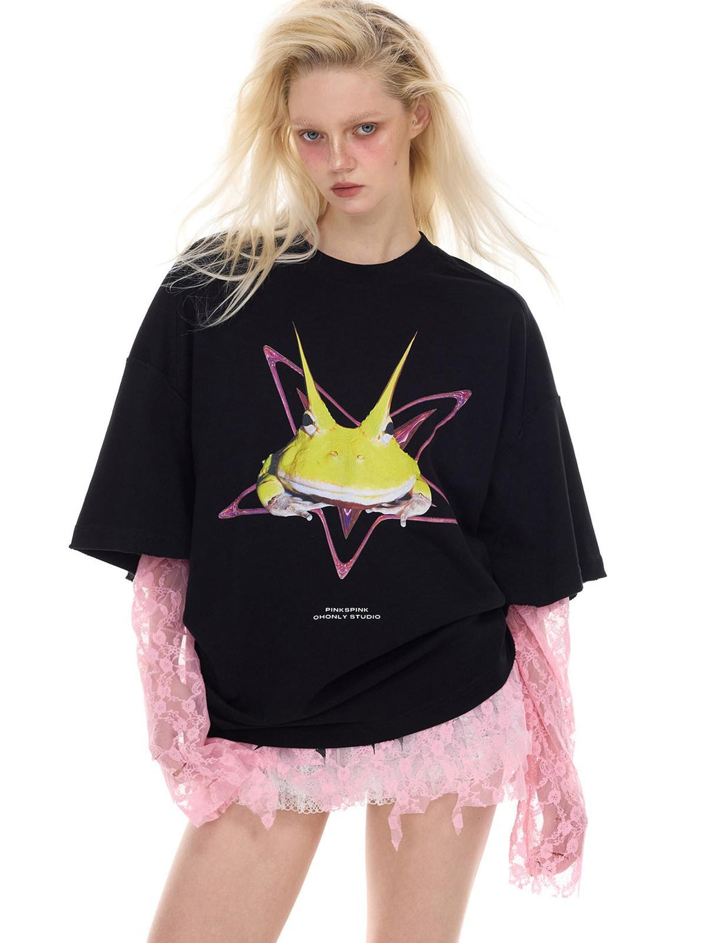 PINKSPINK Y3k Rock Horned Frog Print Structured Women's Oversized T-shirts