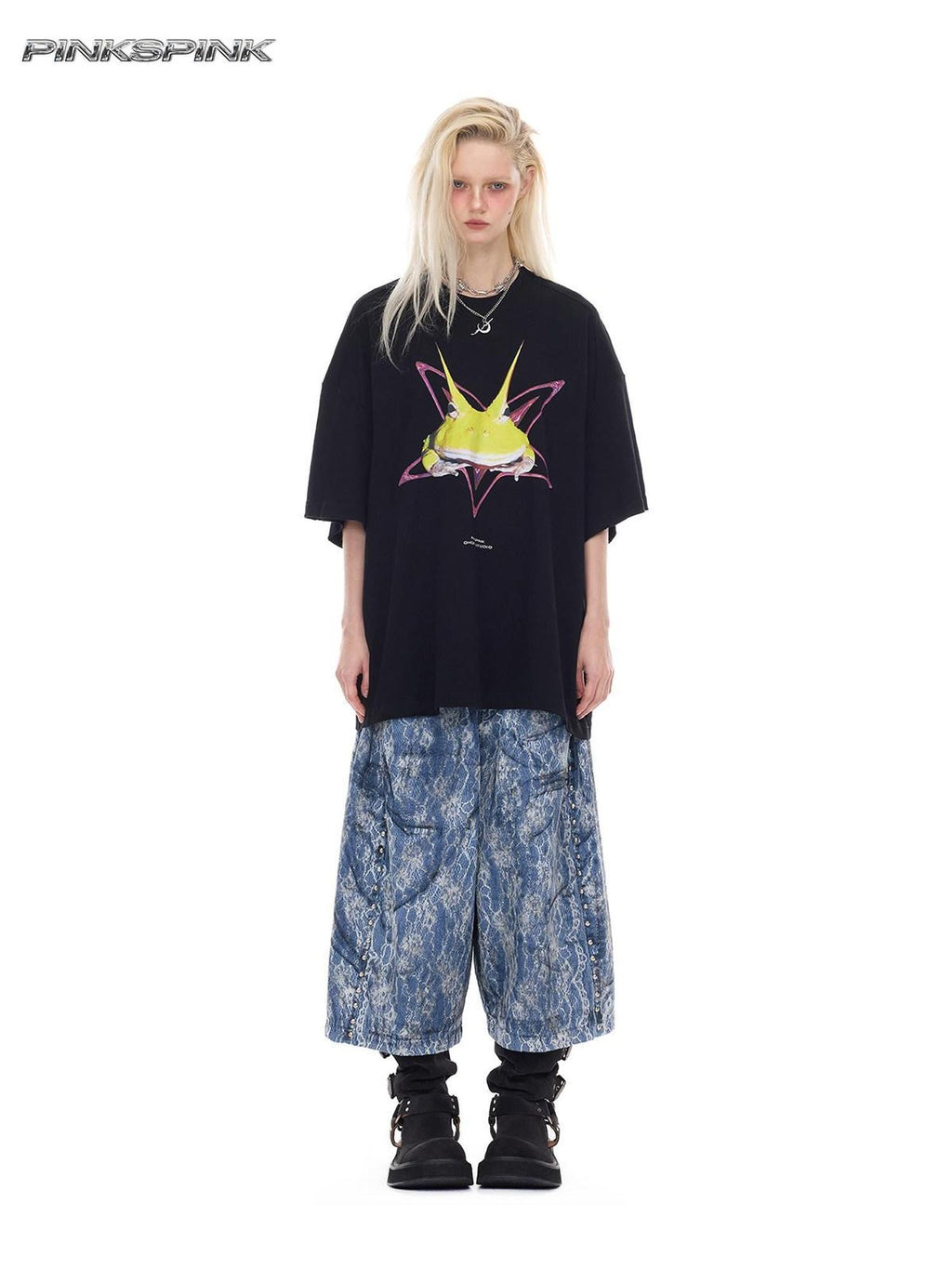 PINKSPINK Y3k Rock Horned Frog Print Structured Women's Oversized T-shirts