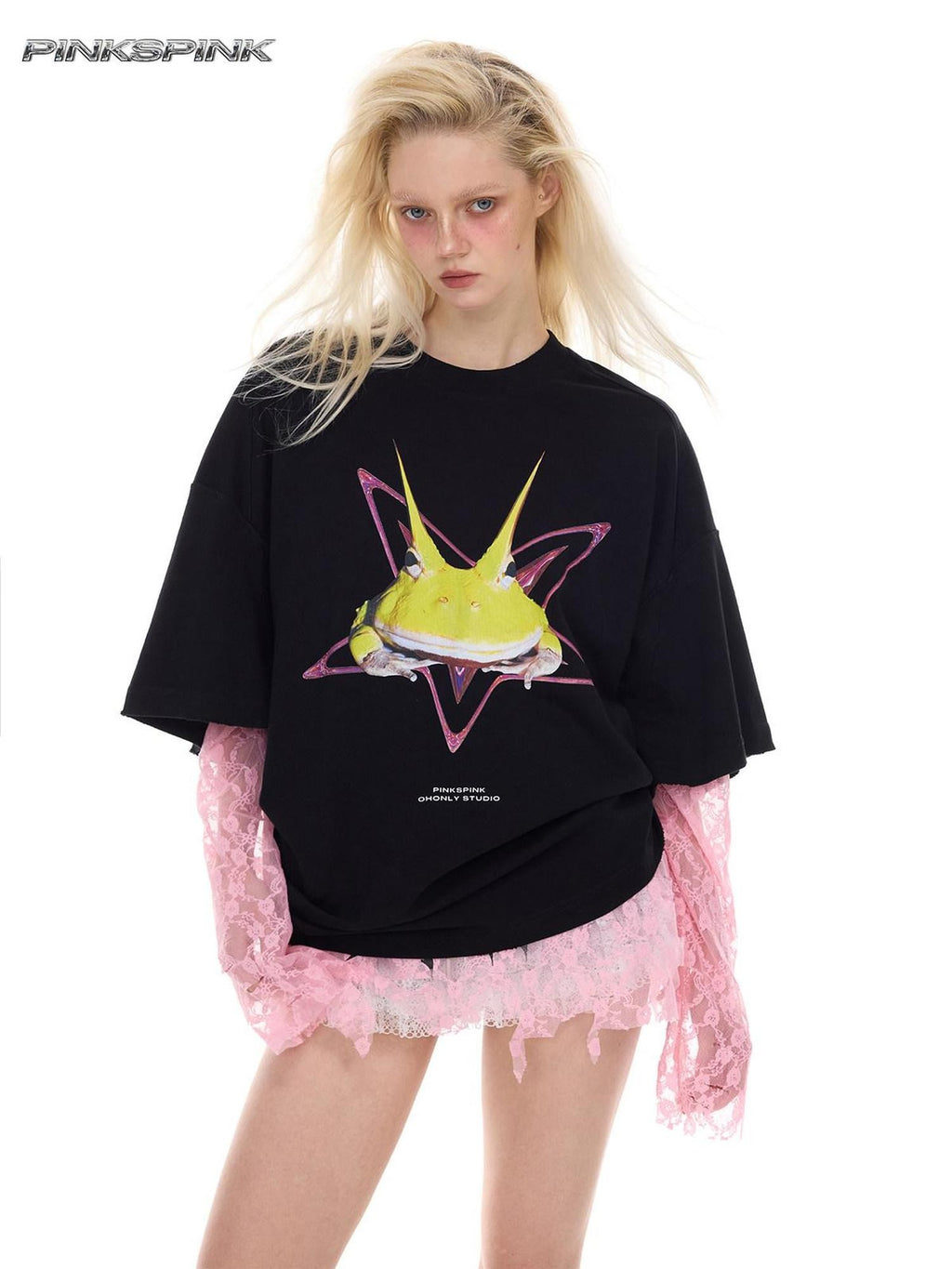 PINKSPINK Y3k Rock Horned Frog Print Structured Women's Oversized T-shirts