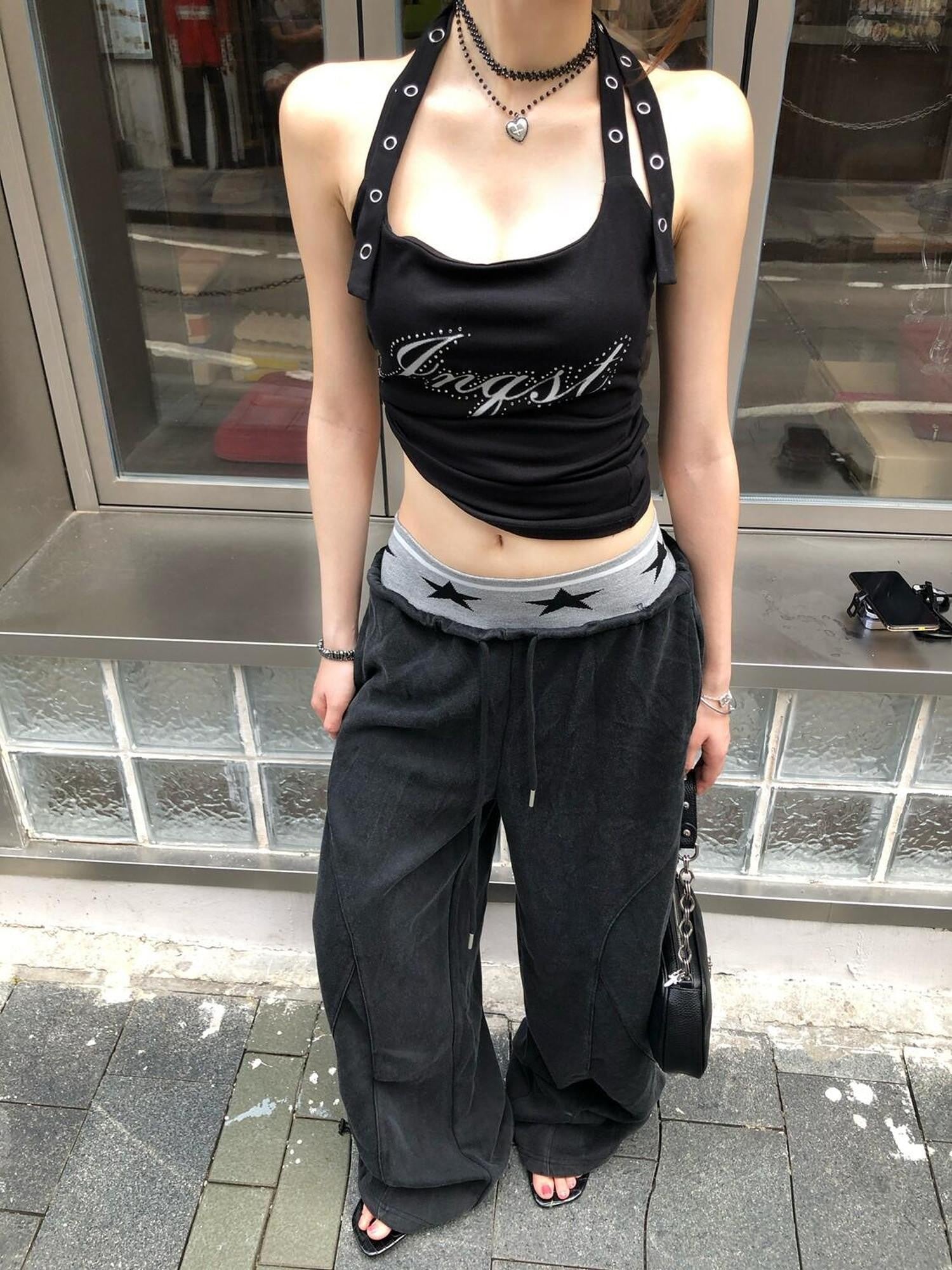 PoopyLii American Street Star Waist Cargo Drawstring Cuffed Women's Wide-leg Pants
