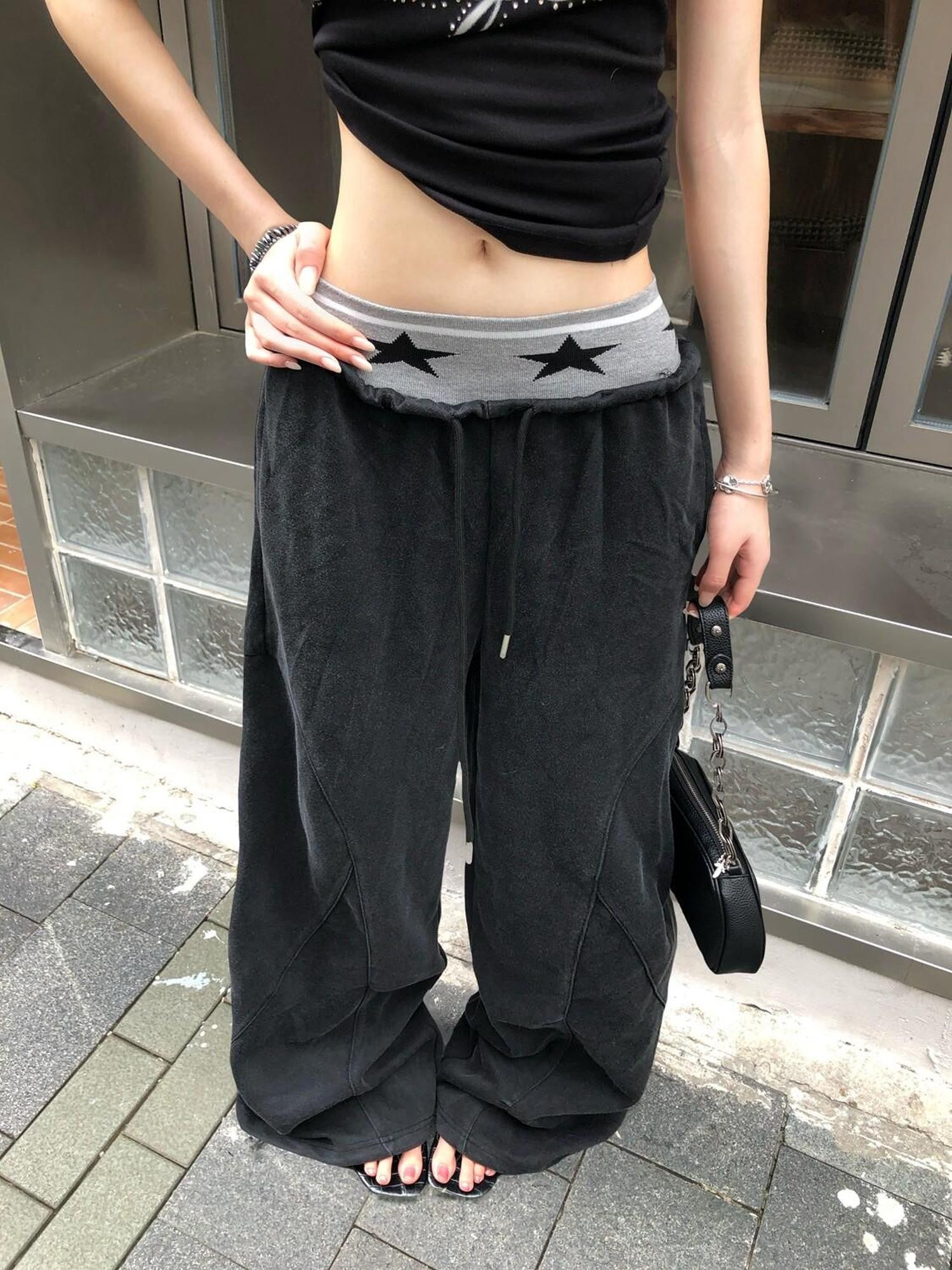 PoopyLii American Street Star Waist Cargo Drawstring Cuffed Women's Wide-leg Pants