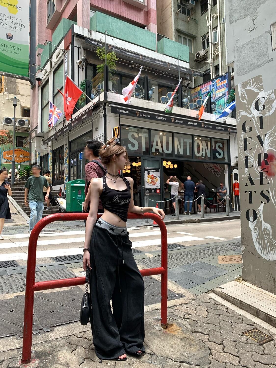 PoopyLii American Street Star Waist Cargo Drawstring Cuffed Women's Wide-leg Pants