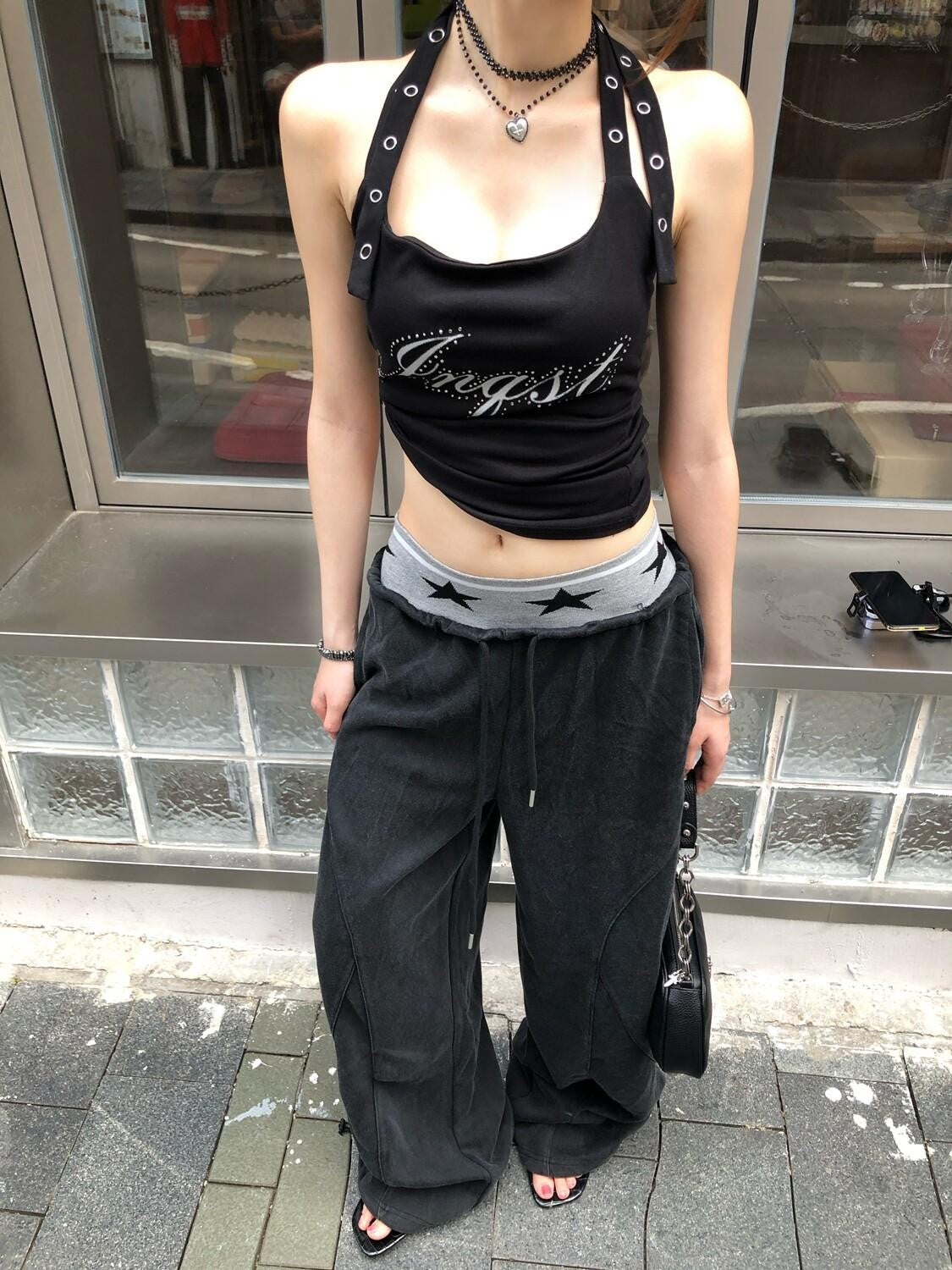 PoopyLii American Street Star Waist Cargo Drawstring Cuffed Women's Wide-leg Pants