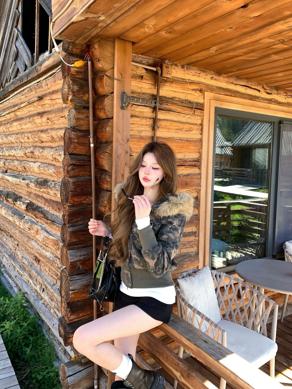 PoopyLii American Vintage Camouflage Fur Collar Eagle Embroidery Women's Cropped Jackets