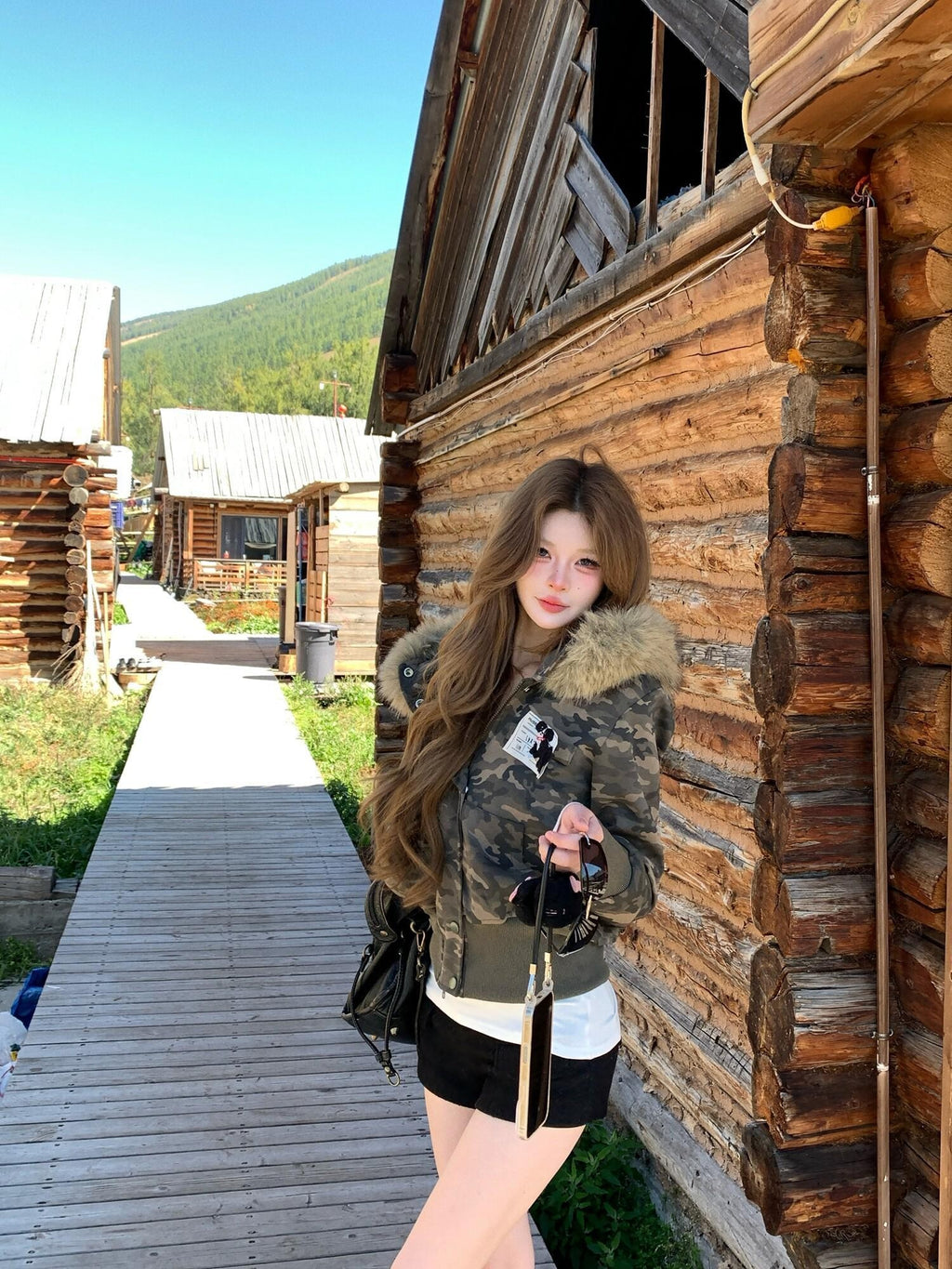 PoopyLii American Vintage Camouflage Fur Collar Eagle Embroidery Women's Cropped Jackets