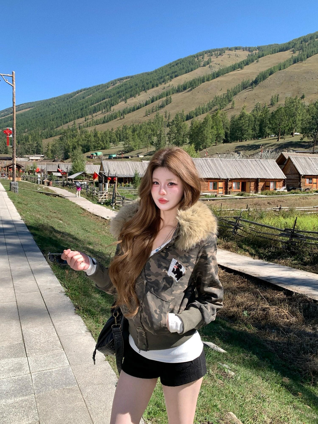 PoopyLii American Vintage Camouflage Fur Collar Eagle Embroidery Women's Cropped Jackets