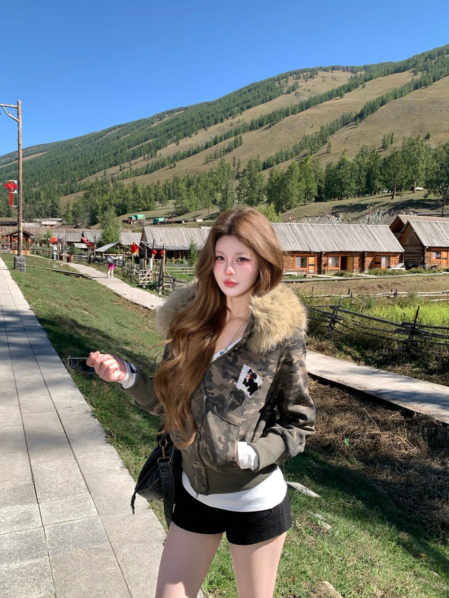 PoopyLii American Vintage Camouflage Fur Collar Eagle Embroidery Women's Cropped Jackets