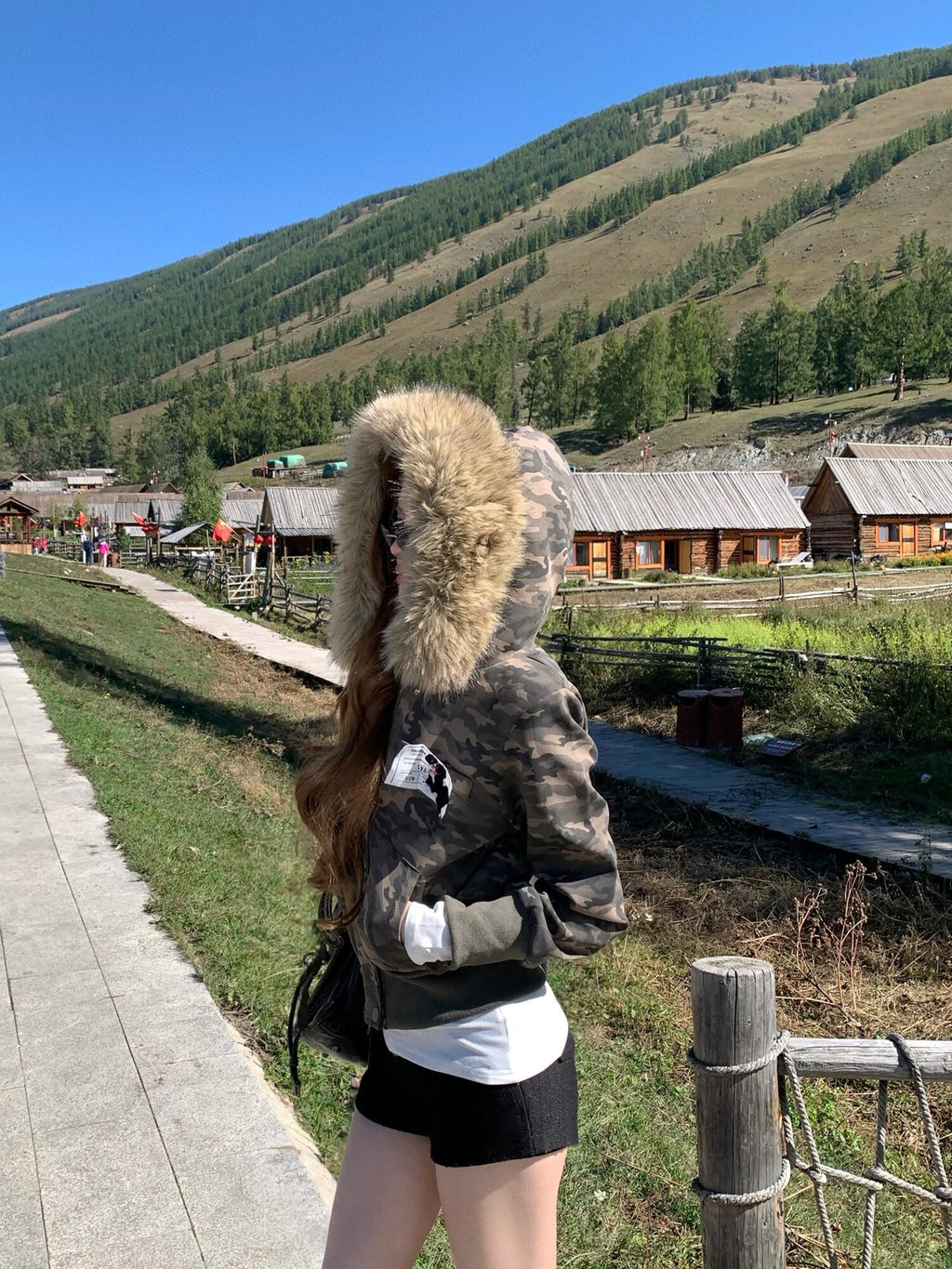 PoopyLii American Vintage Camouflage Fur Collar Eagle Embroidery Women's Cropped Jackets