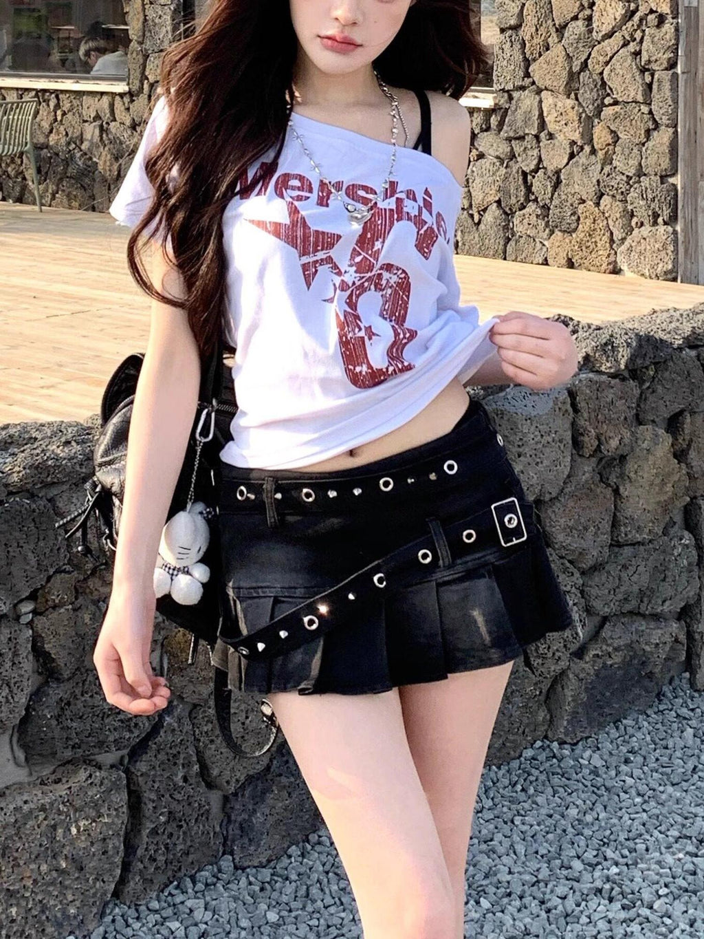 PoopyLii Ancient Shrine Washed Distressed Pleated A Line Women's Denim Mini Skirts