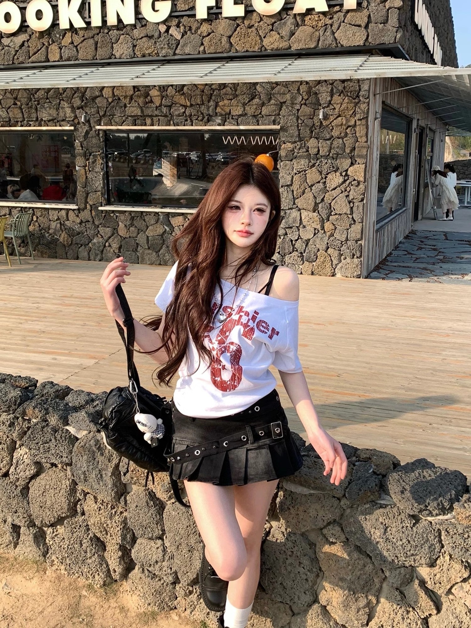 PoopyLii Ancient Shrine Washed Distressed Pleated A Line Women's Denim Mini Skirts