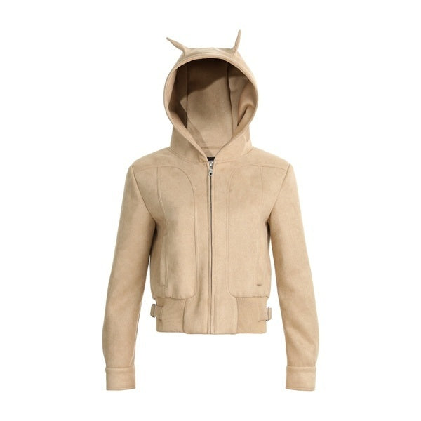 PoopyLii_Apricot_Black_Hooded_Slim_Fit_Side_Seam_Pockets_Women's_Polyester_Zip-up_Hoodies_994217856575_MISSTT