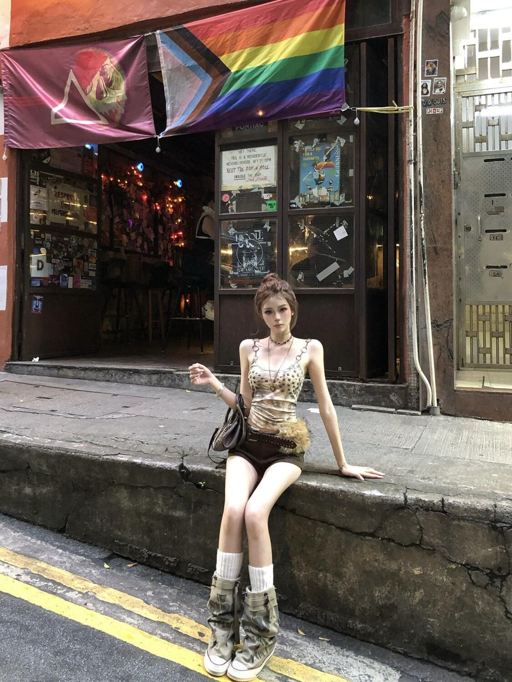 PoopyLii Apricot Punk Camouflage Studded Print Women's Cotton Camisoles