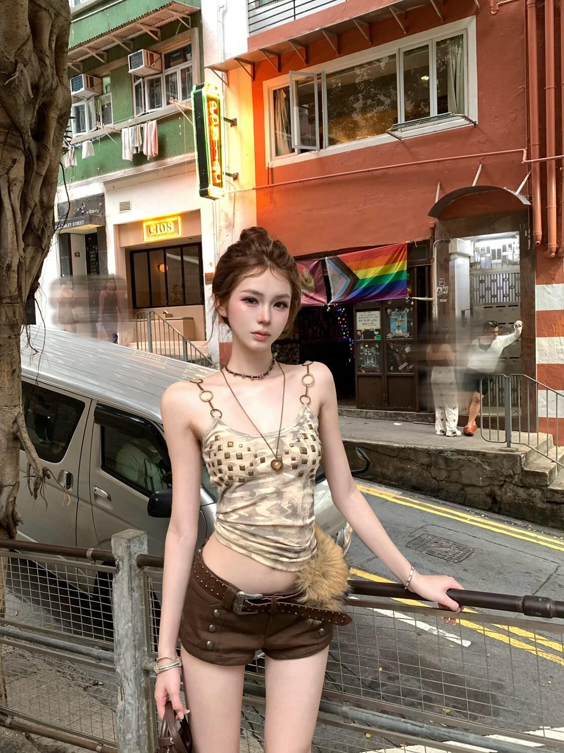 PoopyLii Apricot Punk Camouflage Studded Print Women's Cotton Camisoles