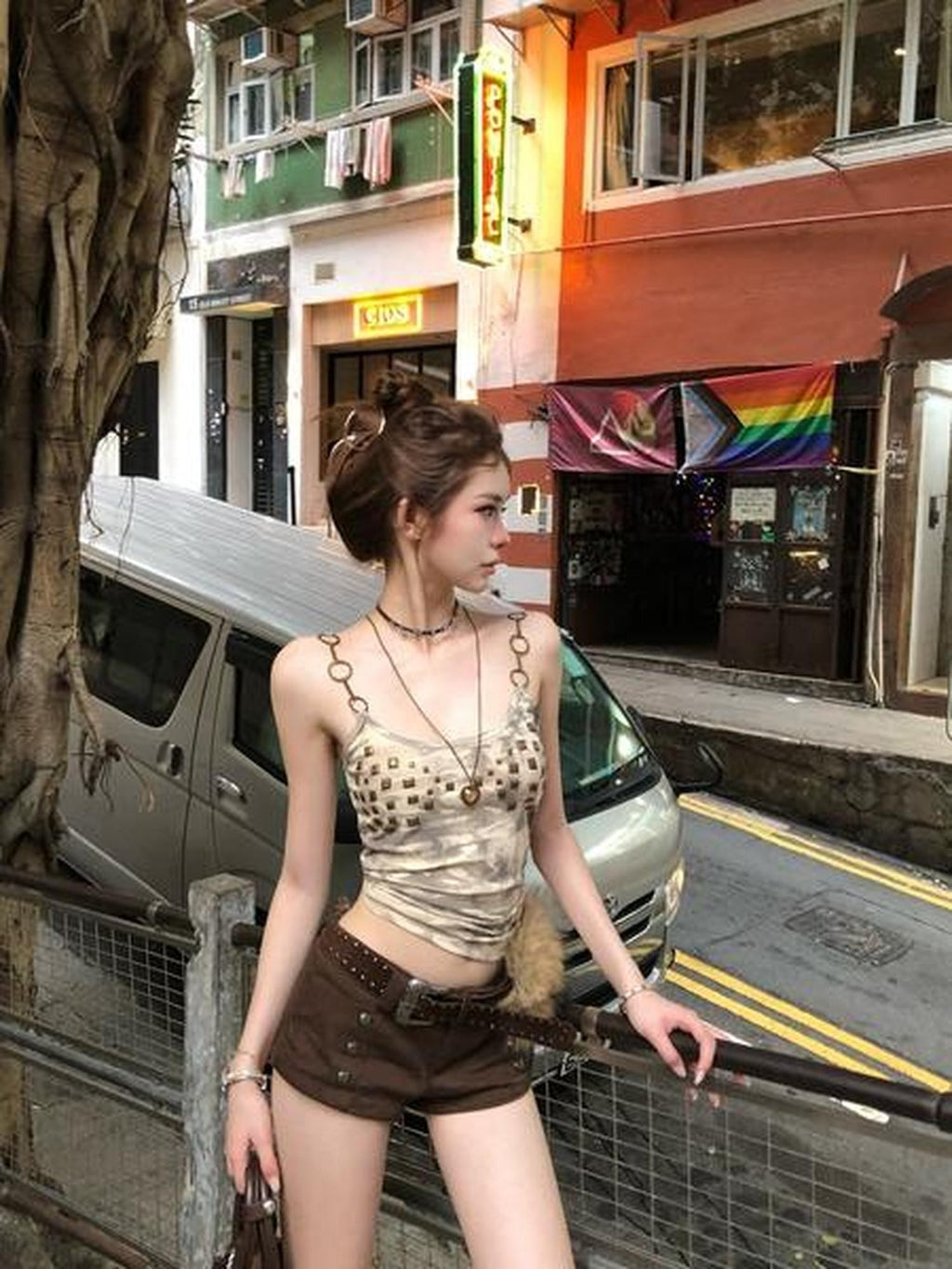 PoopyLii Apricot Punk Camouflage Studded Print Women's Cotton Camisoles