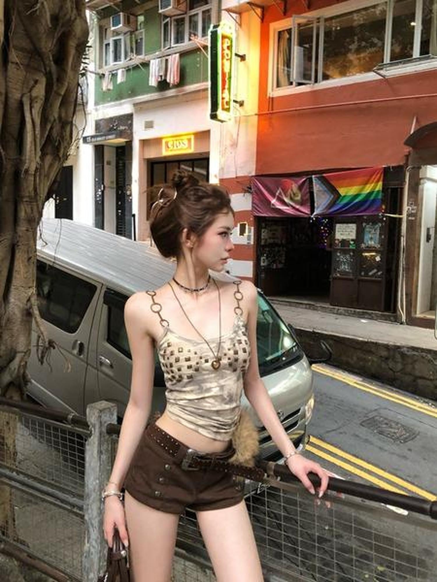 PoopyLii Apricot Punk Camouflage Studded Print Women's Cotton Camisoles