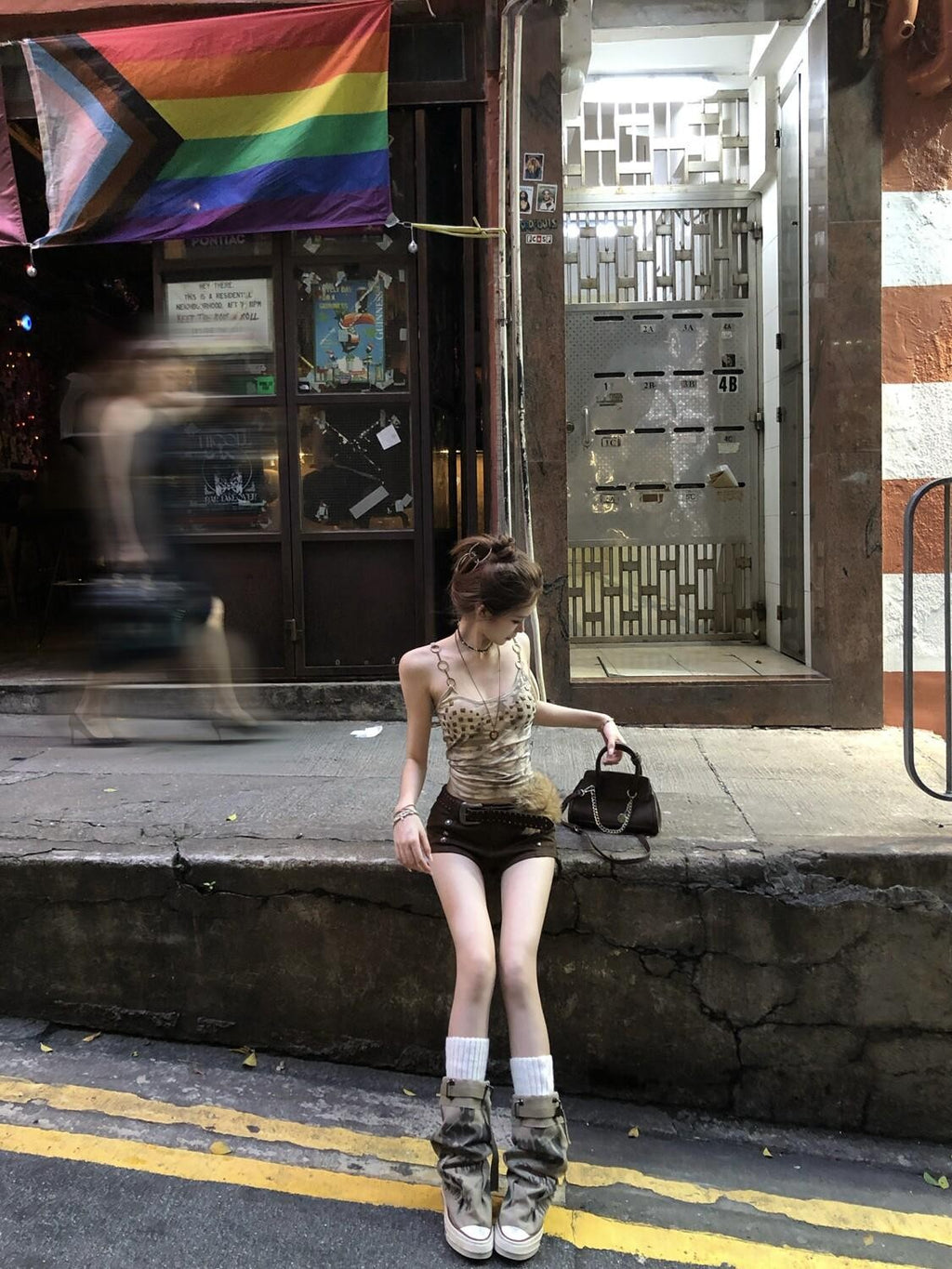 PoopyLii Apricot Punk Camouflage Studded Print Women's Cotton Camisoles