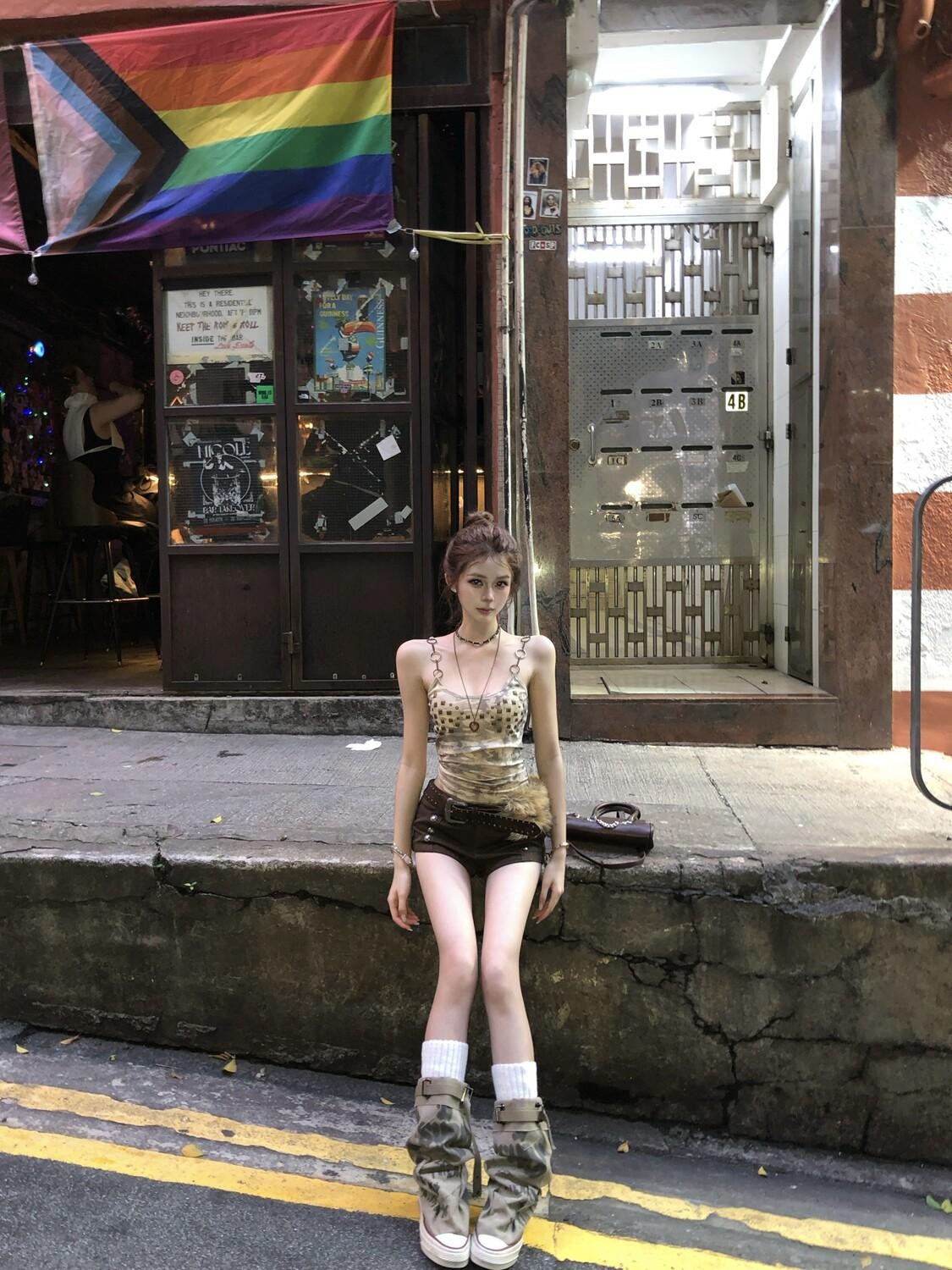 PoopyLii Apricot Punk Camouflage Studded Print Women's Cotton Camisoles
