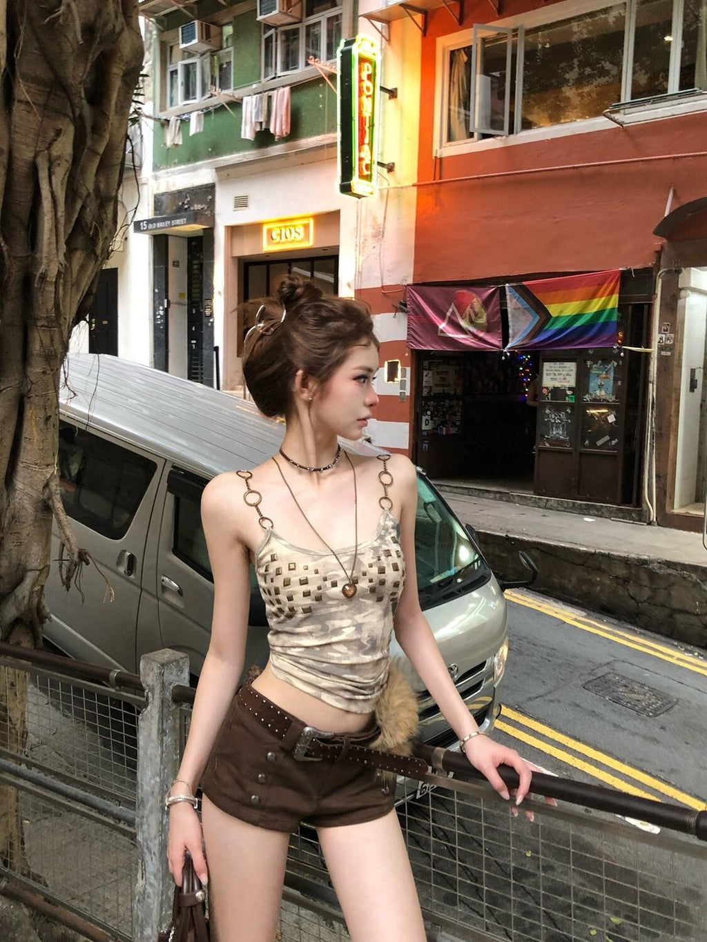 PoopyLii Apricot Punk Camouflage Studded Print Women's Cotton Camisoles