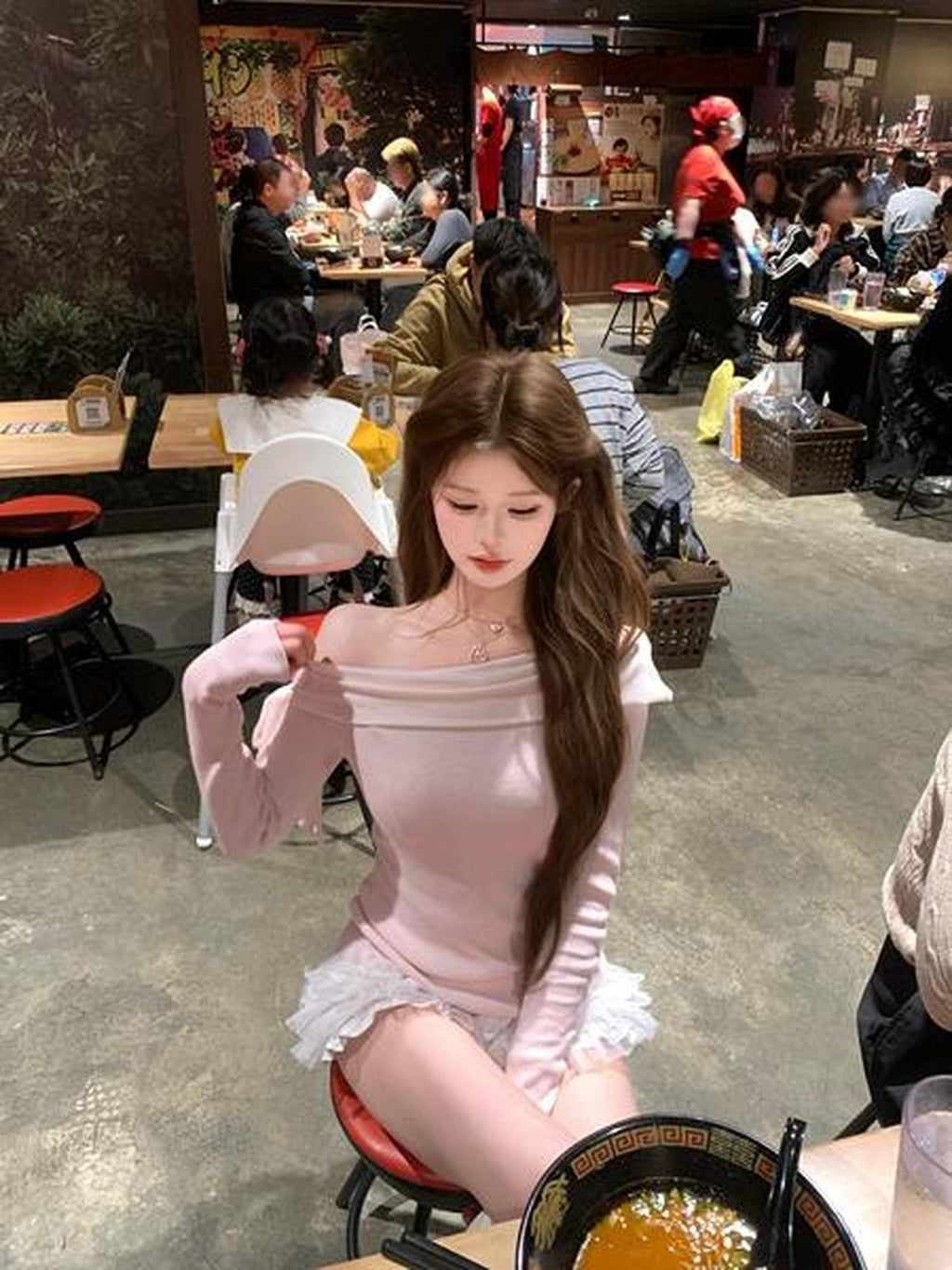 PoopyLii Apricot Slanted Off Shoulder Fitted Waist Women's Knit Long Sleeve T-shirts