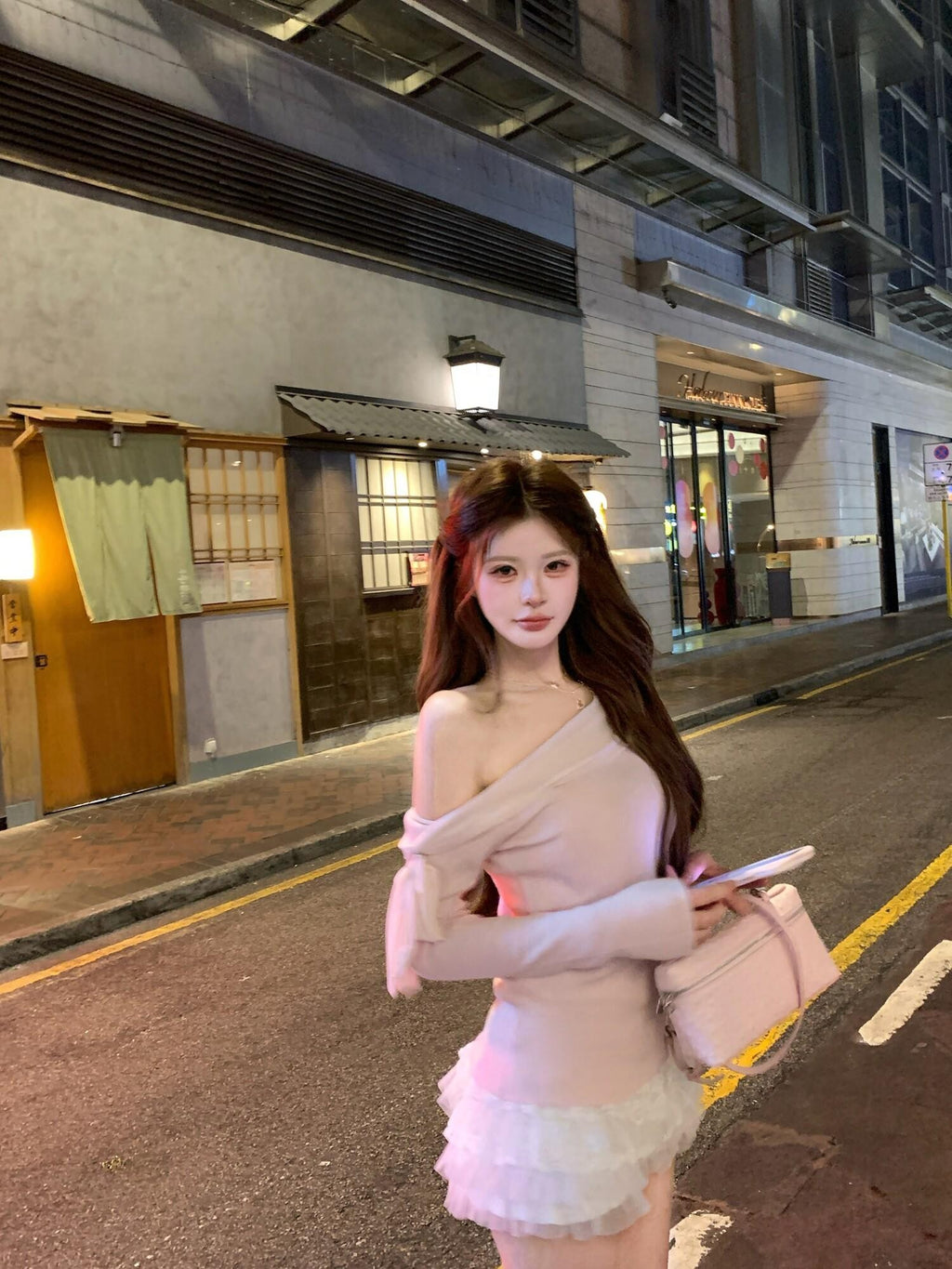 PoopyLii Apricot Slanted Off Shoulder Fitted Waist Women's Knit Long Sleeve T-shirts