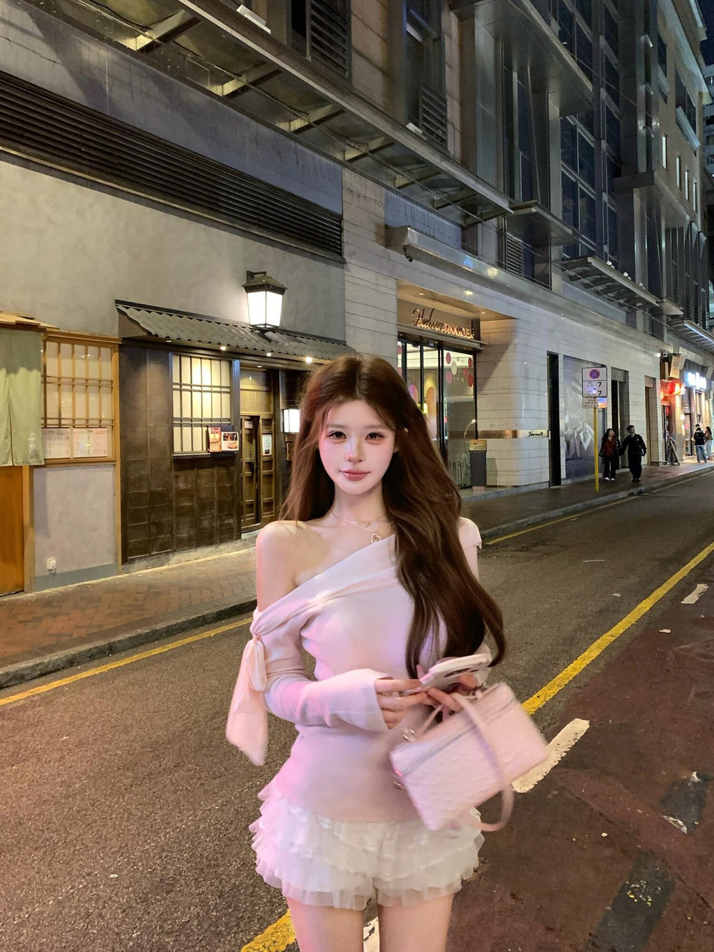 PoopyLii Apricot Slanted Off Shoulder Fitted Waist Women's Knit Long Sleeve T-shirts