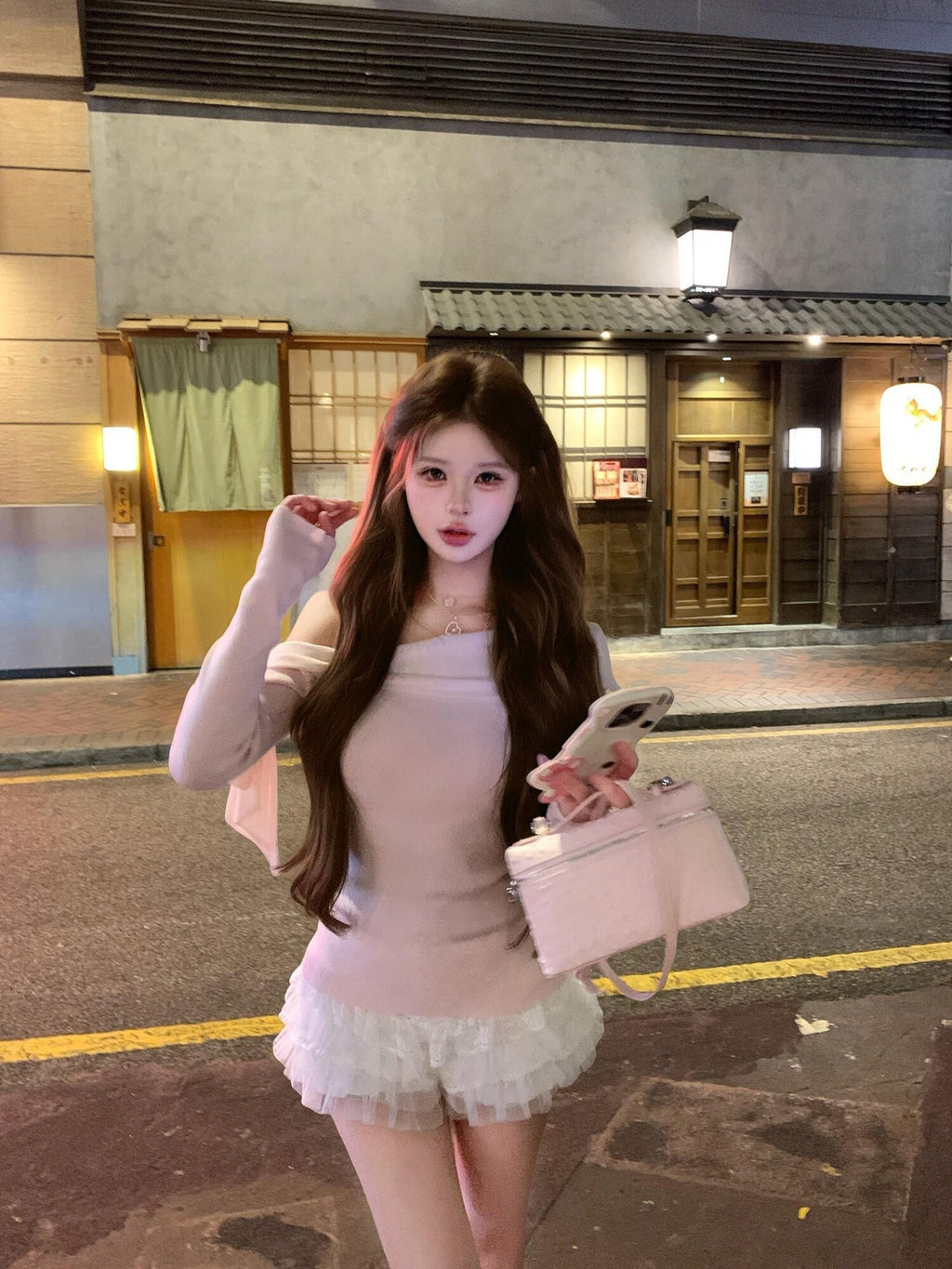 PoopyLii Apricot Slanted Off Shoulder Fitted Waist Women's Knit Long Sleeve T-shirts