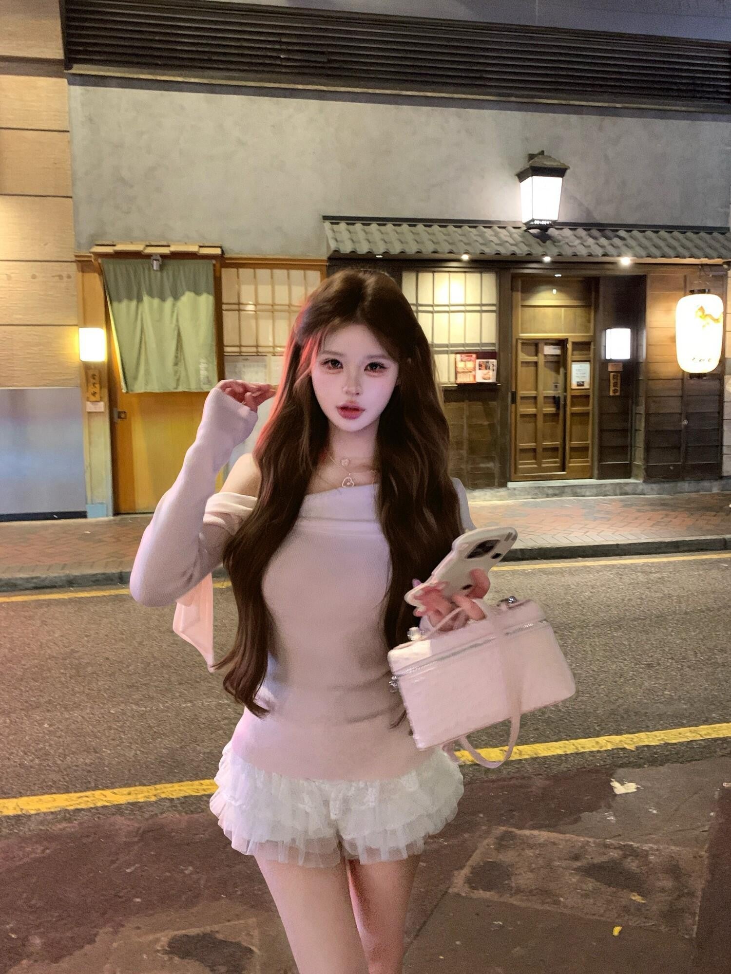 PoopyLii Apricot Slanted Off Shoulder Fitted Waist Women's Knit Long Sleeve T-shirts