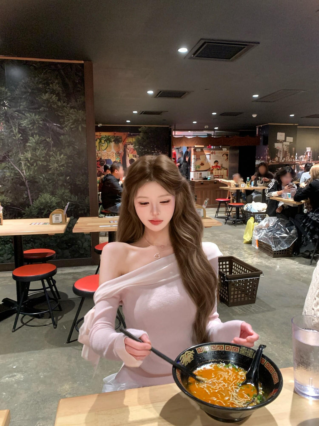 PoopyLii Apricot Slanted Off Shoulder Fitted Waist Women's Knit Long Sleeve T-shirts