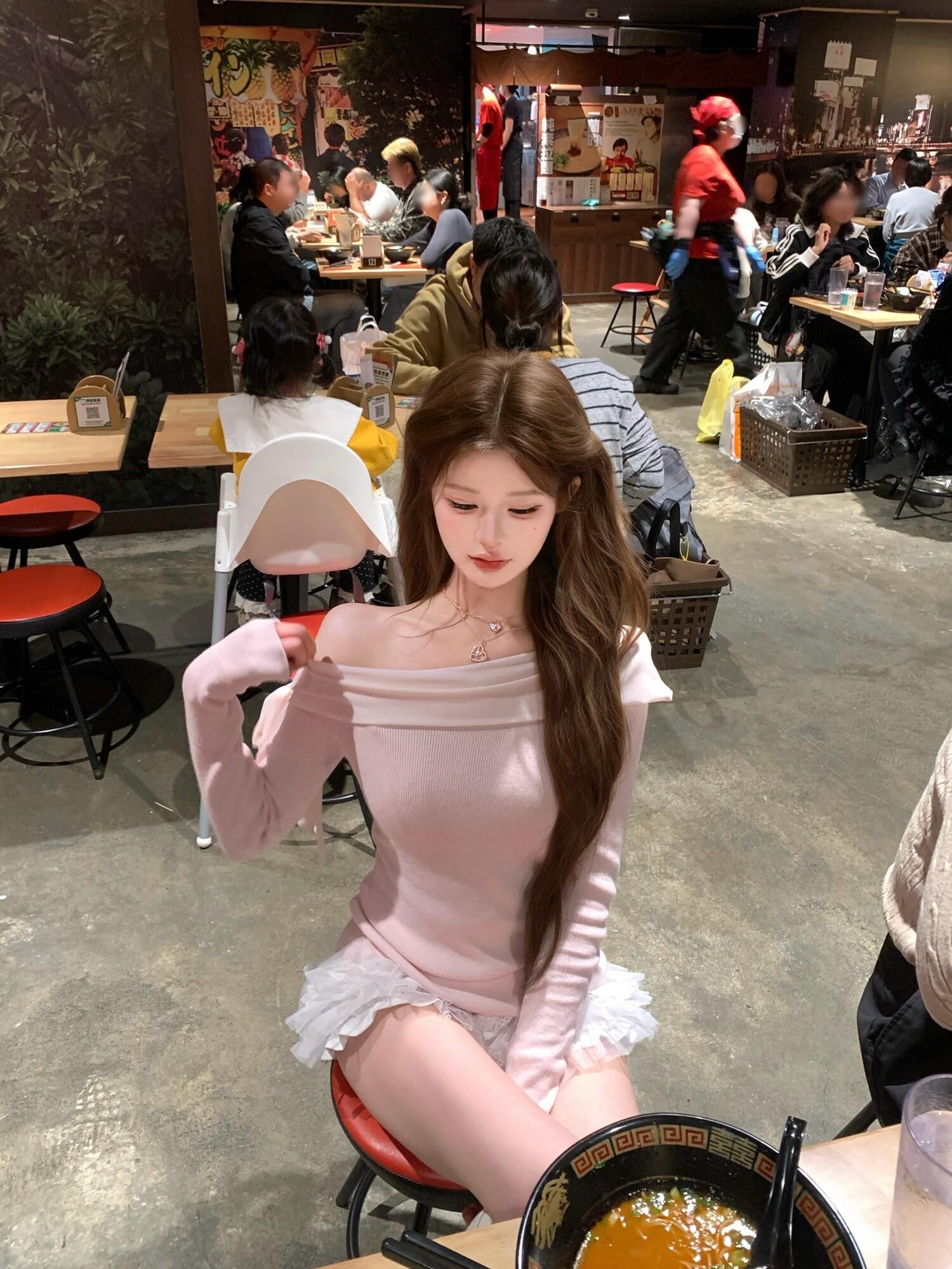 PoopyLii Apricot Slanted Off Shoulder Fitted Waist Women's Knit Long Sleeve T-shirts
