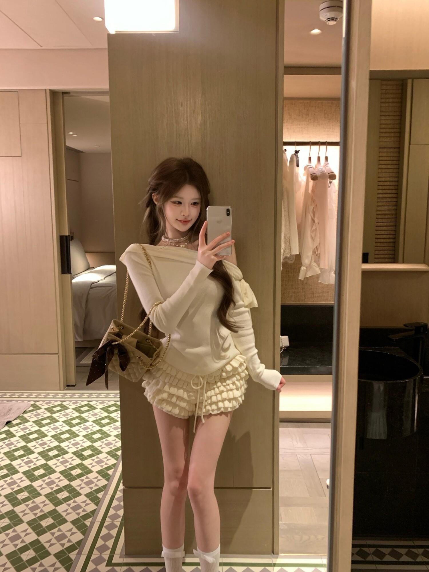 PoopyLii Apricot Slanted Off Shoulder Fitted Waist Women's Knit Long Sleeve T-shirts