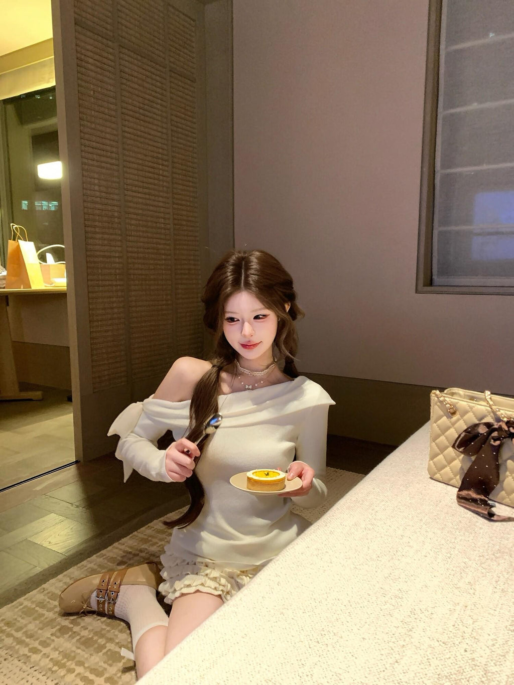 PoopyLii Apricot Slanted Off Shoulder Fitted Waist Women's Knit Long Sleeve T-shirts