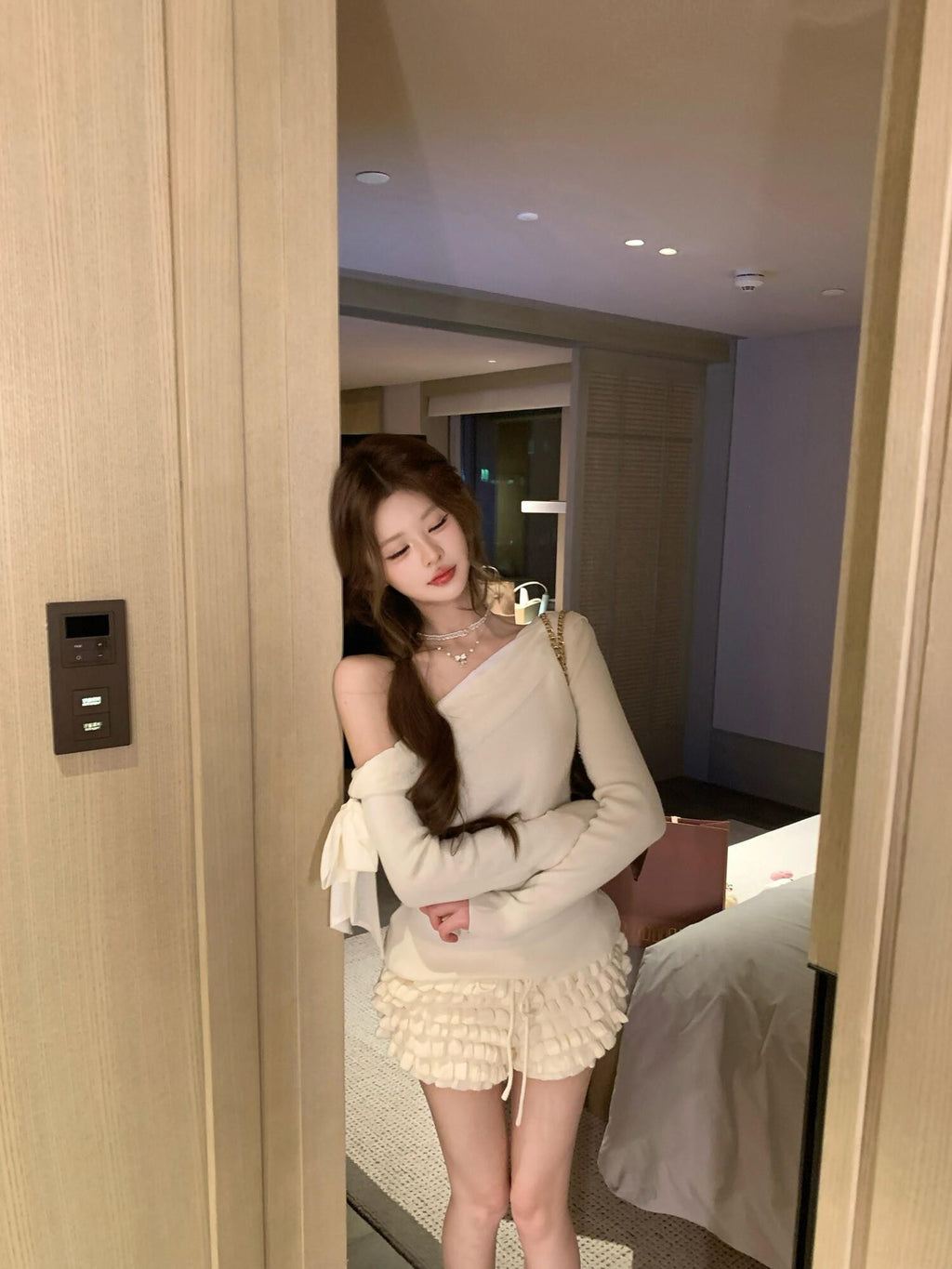 PoopyLii Apricot Slanted Off Shoulder Fitted Waist Women's Knit Long Sleeve T-shirts